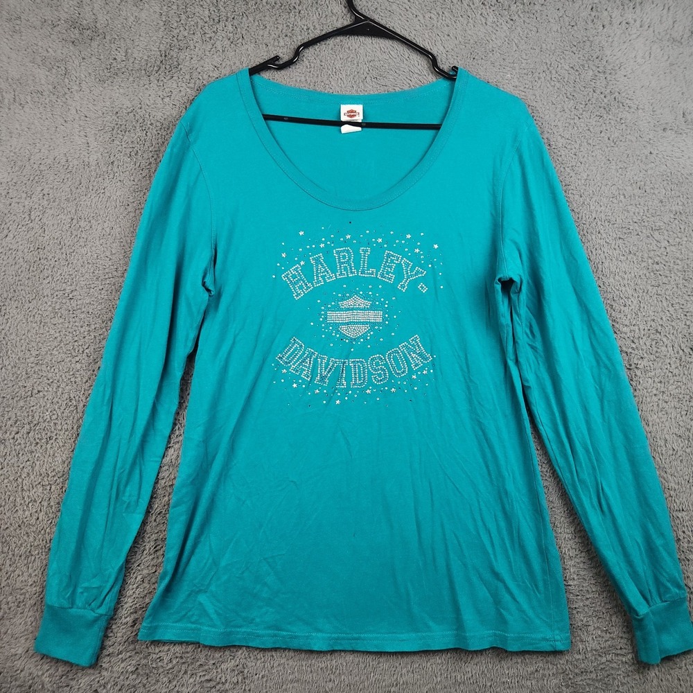 Harley-Davidson Graphic Tee Womens XL Blue Rhinestones Kewanee IL Long Sleeve